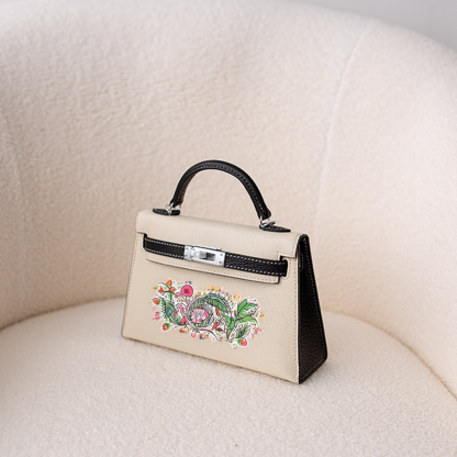 Handcrafted Genuine Leather Women's Bag - 25cm Black and White Collision Color