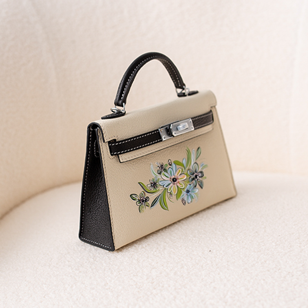 Handcrafted Genuine Leather Women's Bag - 25cm Black and White Collision Color