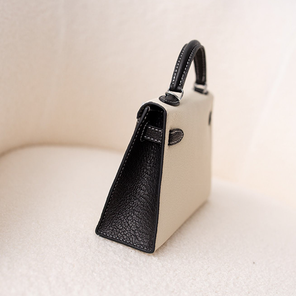 Handcrafted Genuine Leather Women's Bag - 25cm Black and White Collision Color