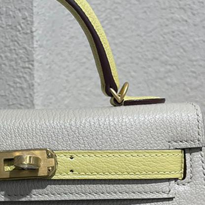 Handcrafted Genuine Leather Women's Bag - 25cm White and Yellow Collision Color