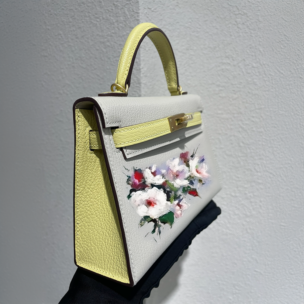 Handcrafted Genuine Leather Women's Bag - 25cm White and Yellow Collision Color