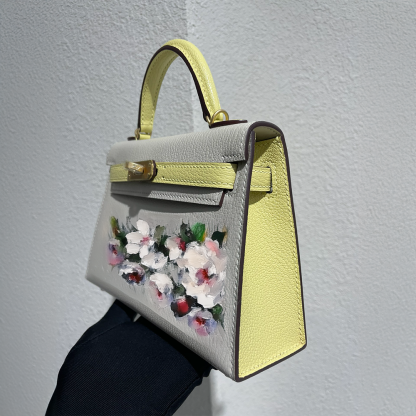 Handcrafted Genuine Leather Women's Bag - 25cm White and Yellow Collision Color