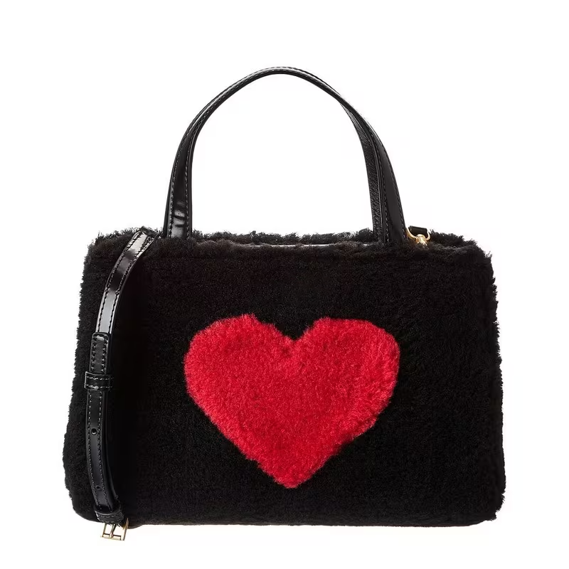 Intarsia Heart Faux Shearling Small Tote
