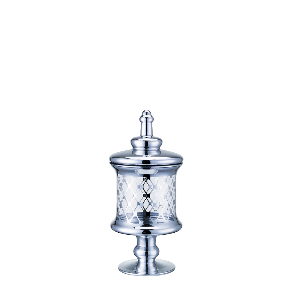 D5.5"H13.5" - CLEAR AND SILVER GLASS APOTHECARY JAR WITH LID