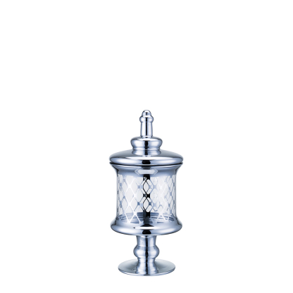 D5.5"H13.5" - CLEAR AND SILVER GLASS APOTHECARY JAR WITH LID