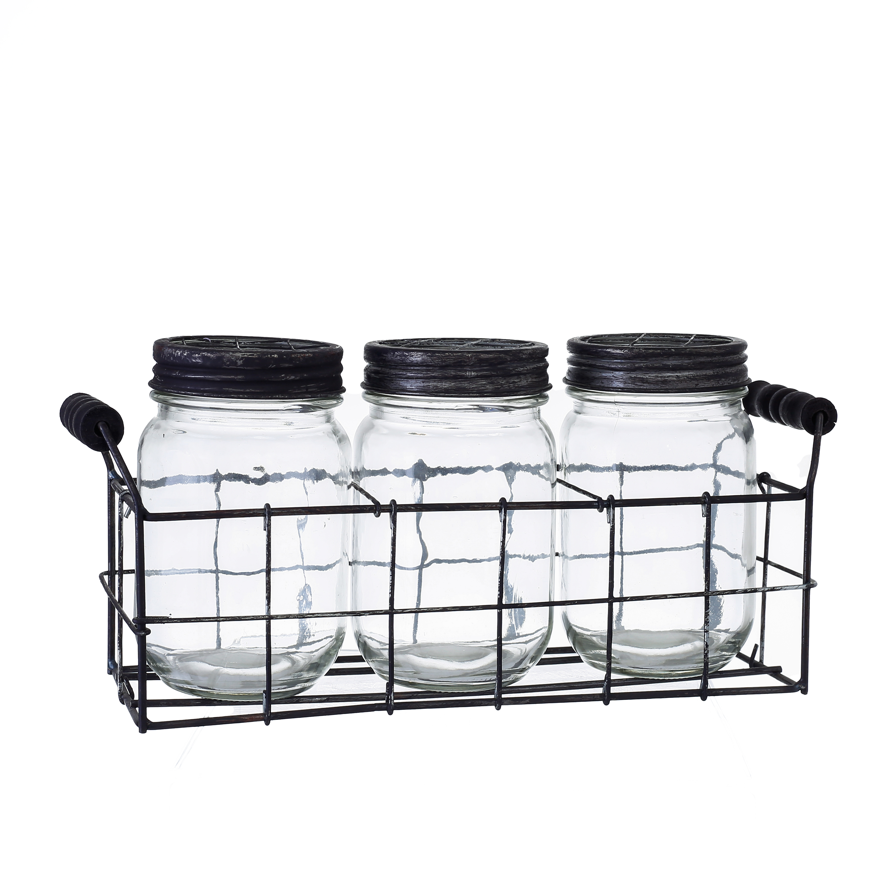 94019	 L12"W3.5"H5.5" - GLASS JAR TRIO WITH METAL HOLDER