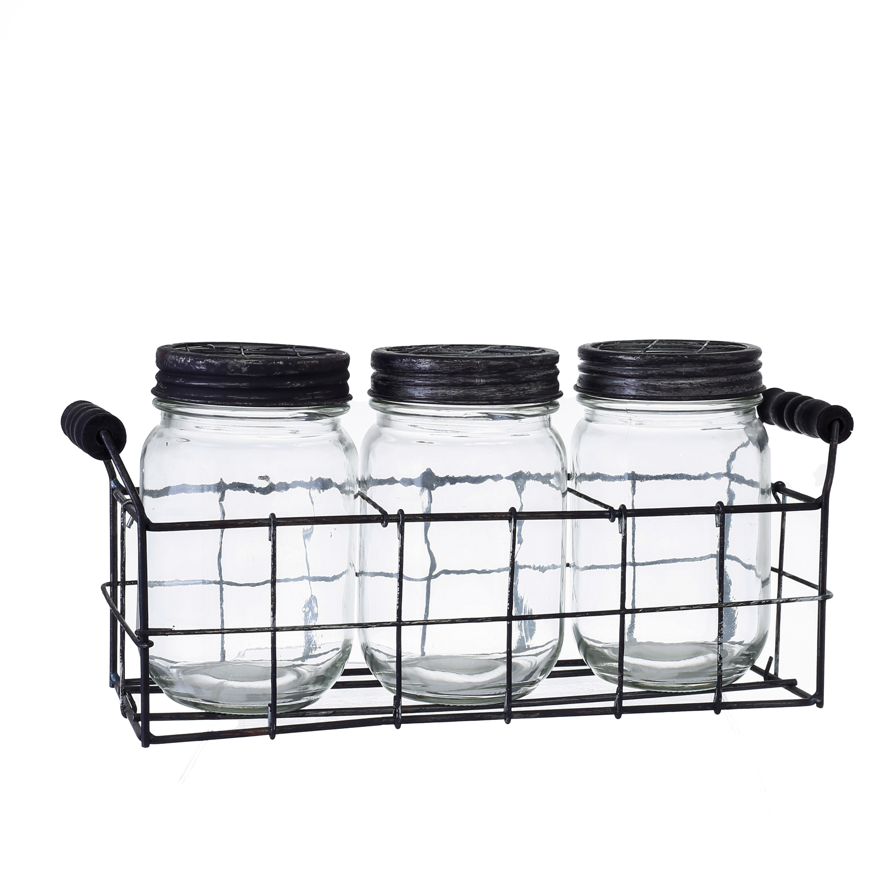 94019	 L12"W3.5"H5.5" - GLASS JAR TRIO WITH METAL HOLDER