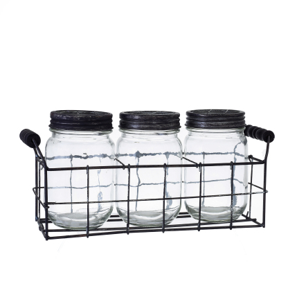 94019	 L12"W3.5"H5.5" - GLASS JAR TRIO WITH METAL HOLDER