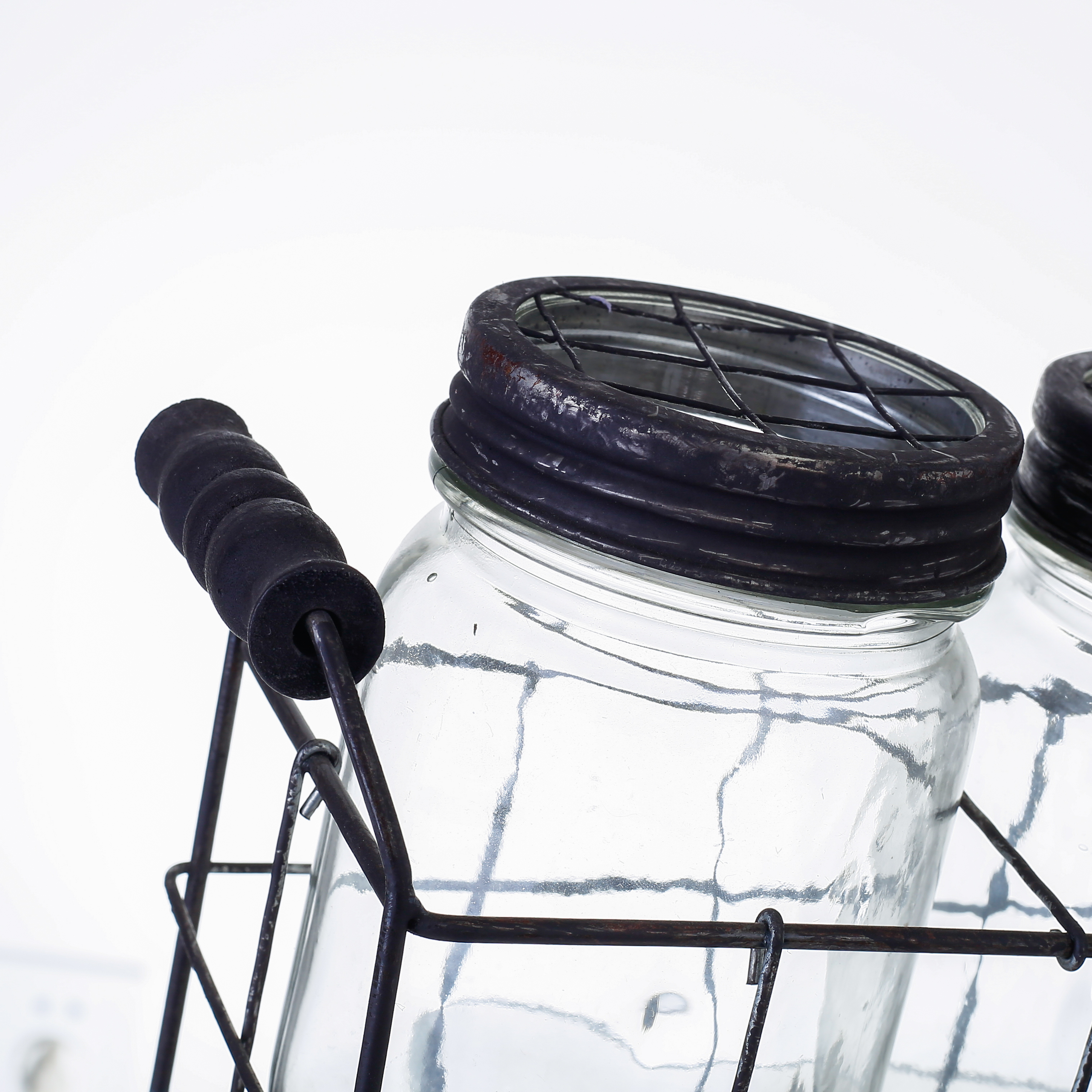 94019	 L12"W3.5"H5.5" - GLASS JAR TRIO WITH METAL HOLDER