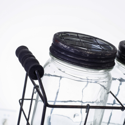 94019	 L12"W3.5"H5.5" - GLASS JAR TRIO WITH METAL HOLDER