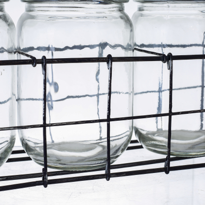 94019	 L12"W3.5"H5.5" - GLASS JAR TRIO WITH METAL HOLDER