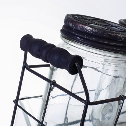 94019	 L12"W3.5"H5.5" - GLASS JAR TRIO WITH METAL HOLDER