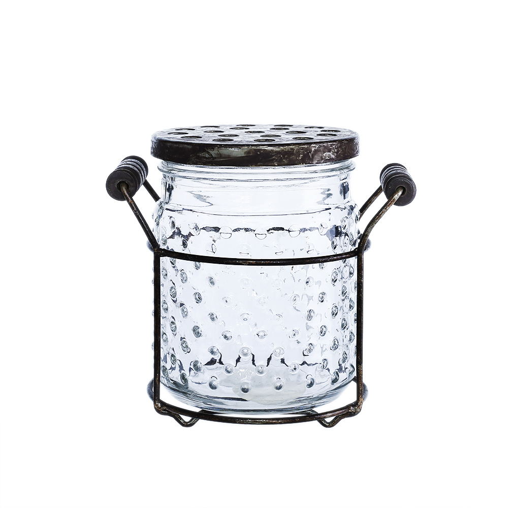 94016	 L5.5"W4.5"H5.5" - GLASS JAR WITH METAL HOLDER