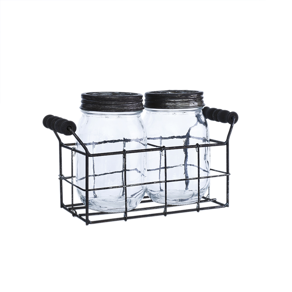 94021	 L8.5"W3.5"H5.5" - GLASS JARS WITH METAL HOLDER