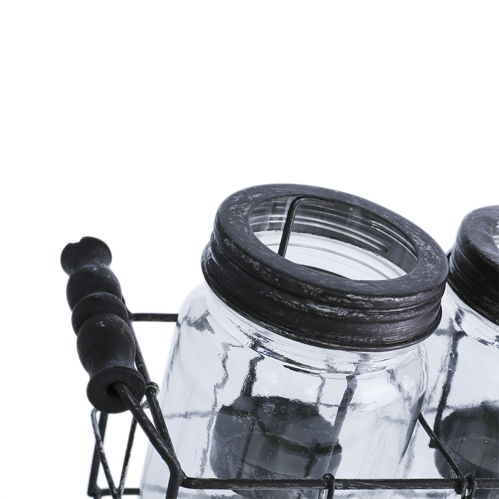 94001	 L12"W3.5"H5.5" - GLASS JAR TRIO WITH METAL HOLDER