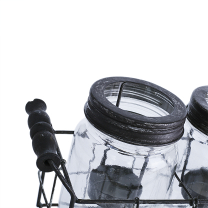 94001	 L12"W3.5"H5.5" - GLASS JAR TRIO WITH METAL HOLDER