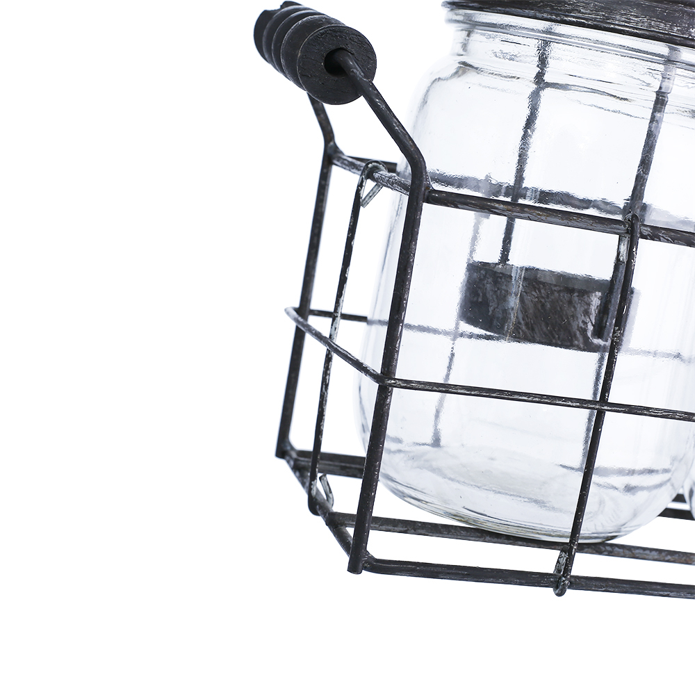 94001	 L12"W3.5"H5.5" - GLASS JAR TRIO WITH METAL HOLDER