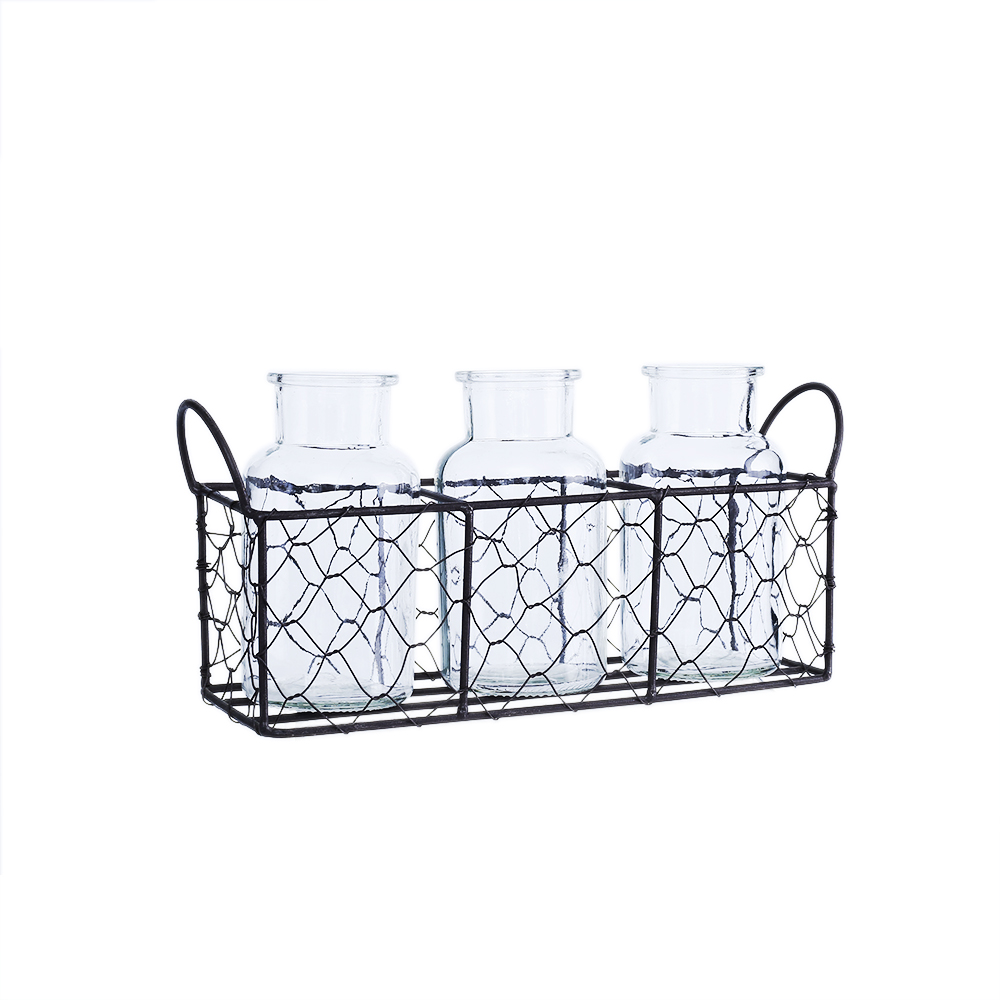 94007	 L11"W3"H5.5" - GLASS BOTTLES WITH METAL HOLDER