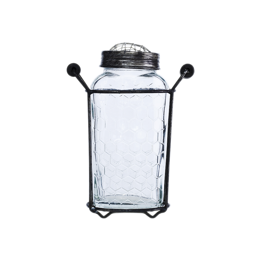 94014	 L5.5"W3"H7" - GLASS JAR WITH METAL HOLDER