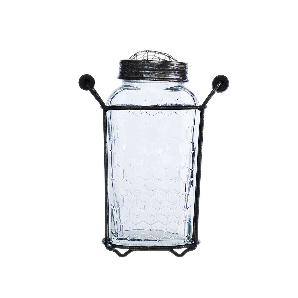 94014	 L5.5"W3"H7" - GLASS JAR WITH METAL HOLDER
