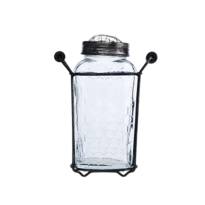 94014	 L5.5"W3"H7" - GLASS JAR WITH METAL HOLDER