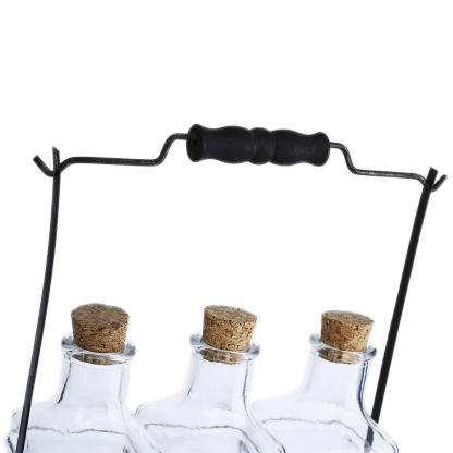 94015	 L7"W2.5"H11" - GLASS BOTTLE TRIO WITH METAL HOLDER