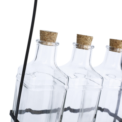 94015	 L7"W2.5"H11" - GLASS BOTTLE TRIO WITH METAL HOLDER