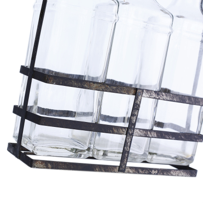94015	 L7"W2.5"H11" - GLASS BOTTLE TRIO WITH METAL HOLDER