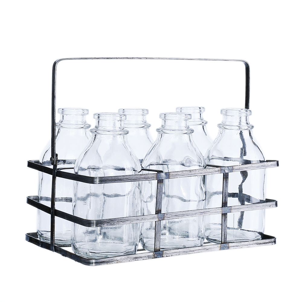 94006	 L7.5"W4.5"H4.5" - GLASS MINI BOTTLES WITH METAL HOLDER