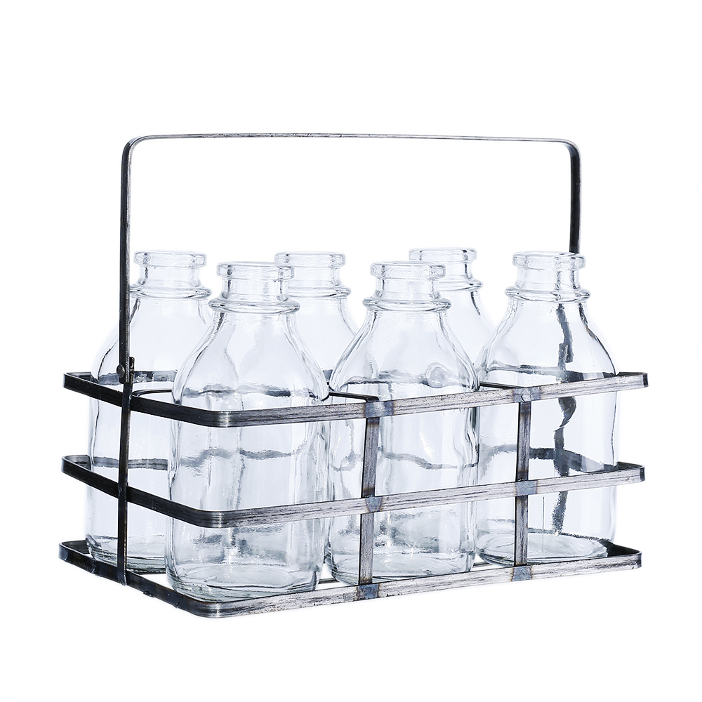 94006	 L7.5"W4.5"H4.5" - GLASS MINI BOTTLES WITH METAL HOLDER