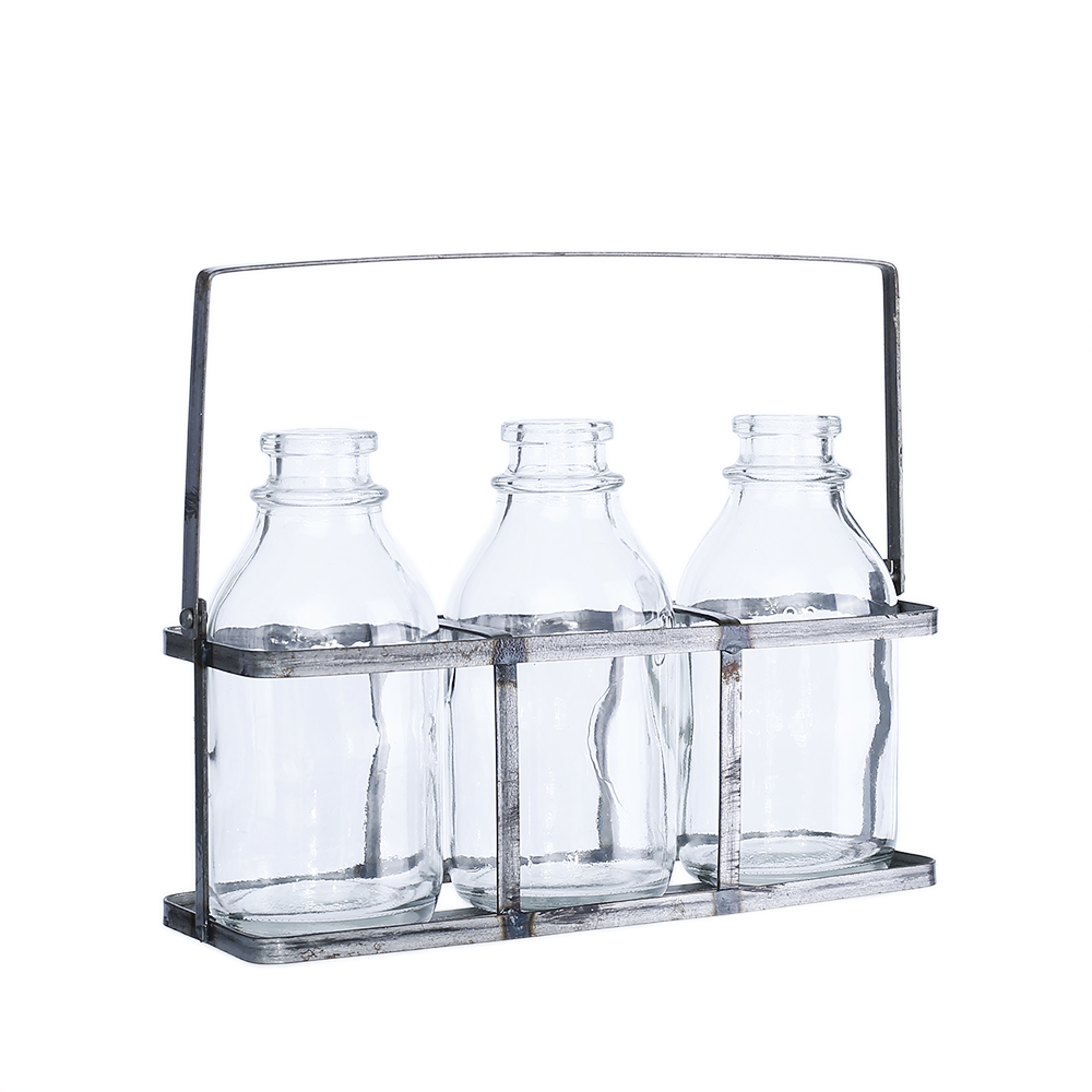 94005	 L7.5"W2.5"H4.5" - GLASS MINI BOTTLES WITH METAL HOLDER