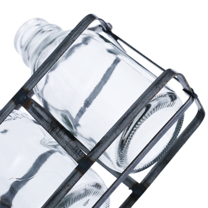 94005	 L7.5"W2.5"H4.5" - GLASS MINI BOTTLES WITH METAL HOLDER