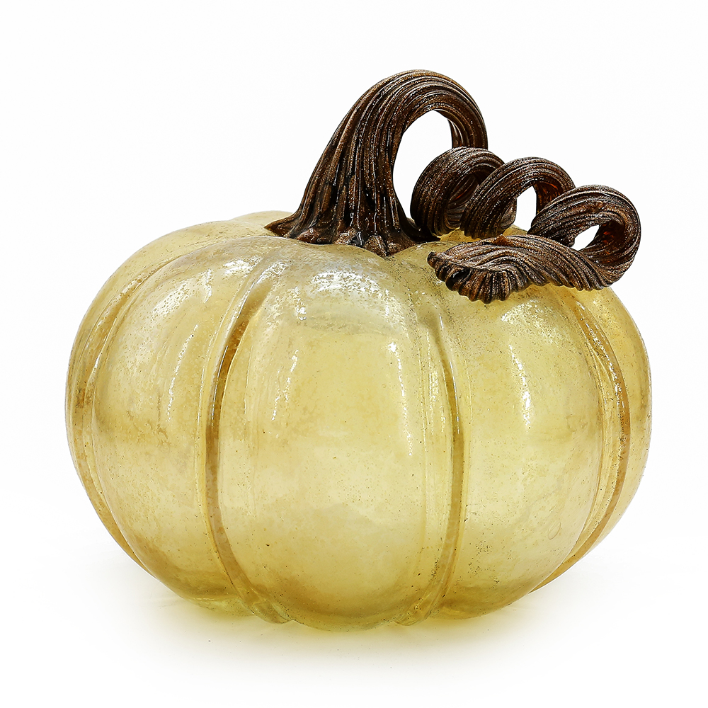 D7"H5.5" - GLASS PUMPKIN WITH CURLY STEM