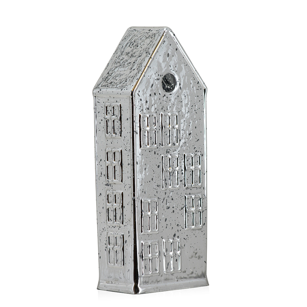 54142S	 L3.9"W2.4"H9.8" - MERCURY GLASS VILLAGE HOUSE