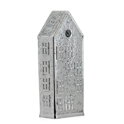 54142S	 L3.9"W2.4"H9.8" - MERCURY GLASS VILLAGE HOUSE