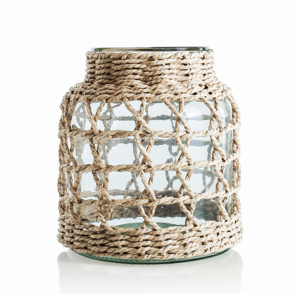 D6.7"H7.9" - GLASS VASE WITH WRAPPED WITH ROPE