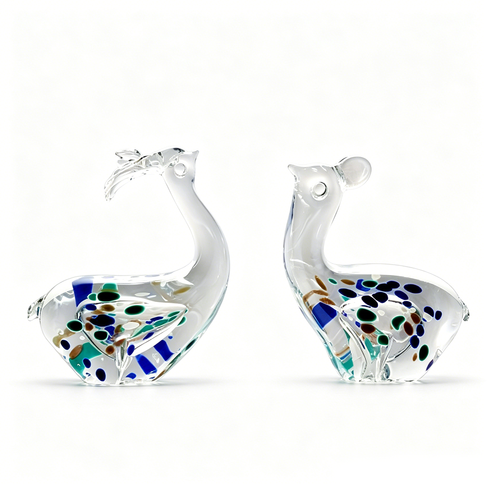22034	 L4.7"W2.4"H5.5" - SET OF 2 GLASS PEACOCK FIGURINES
