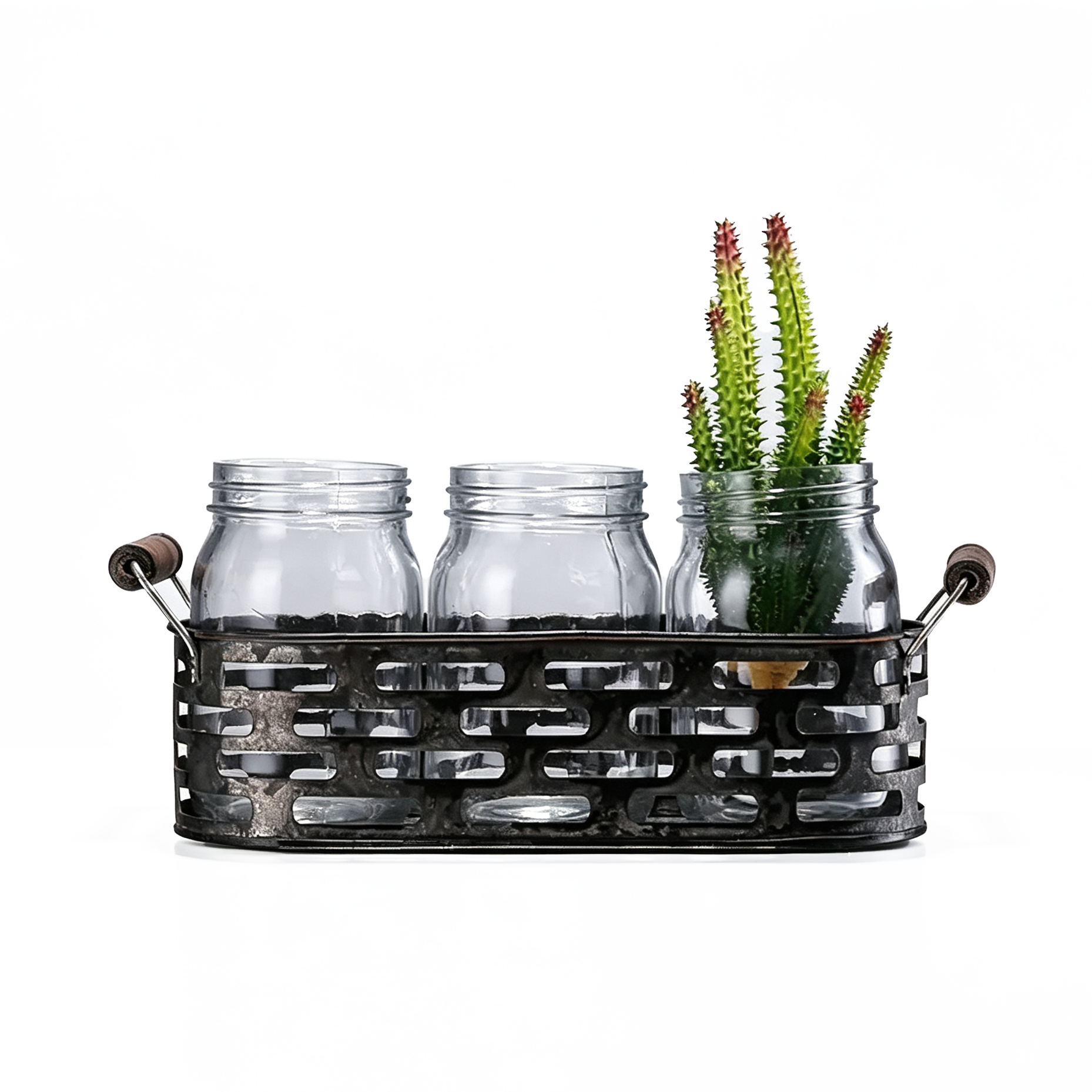 29003	 L11.4W3.9H5.5" - TRIO OF GLASS JARS WITH METAL HOLDER