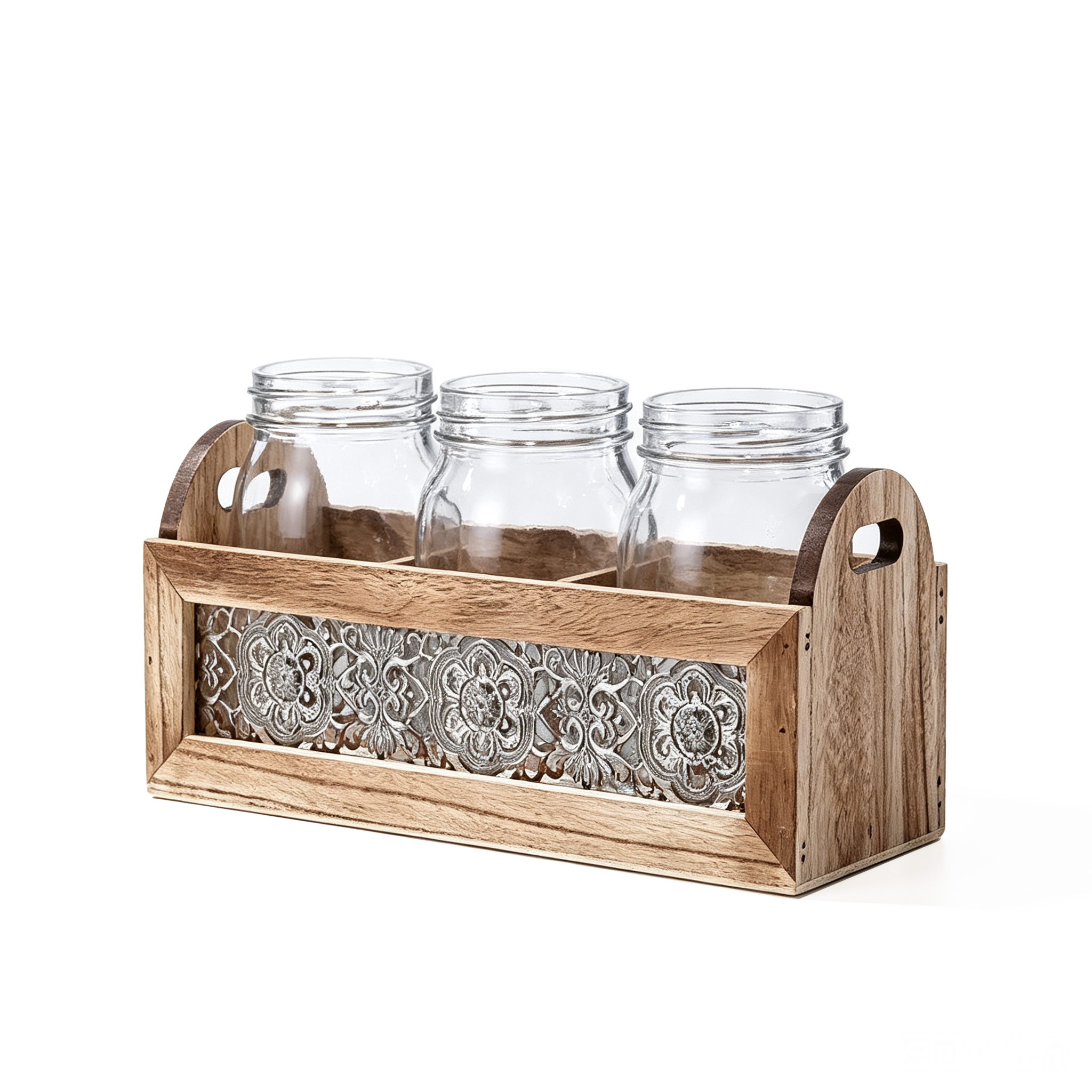 29016	 L9.4W3.5"H5.7" - TRIO OF GLASS JARS WITH WOODEN HOLDER