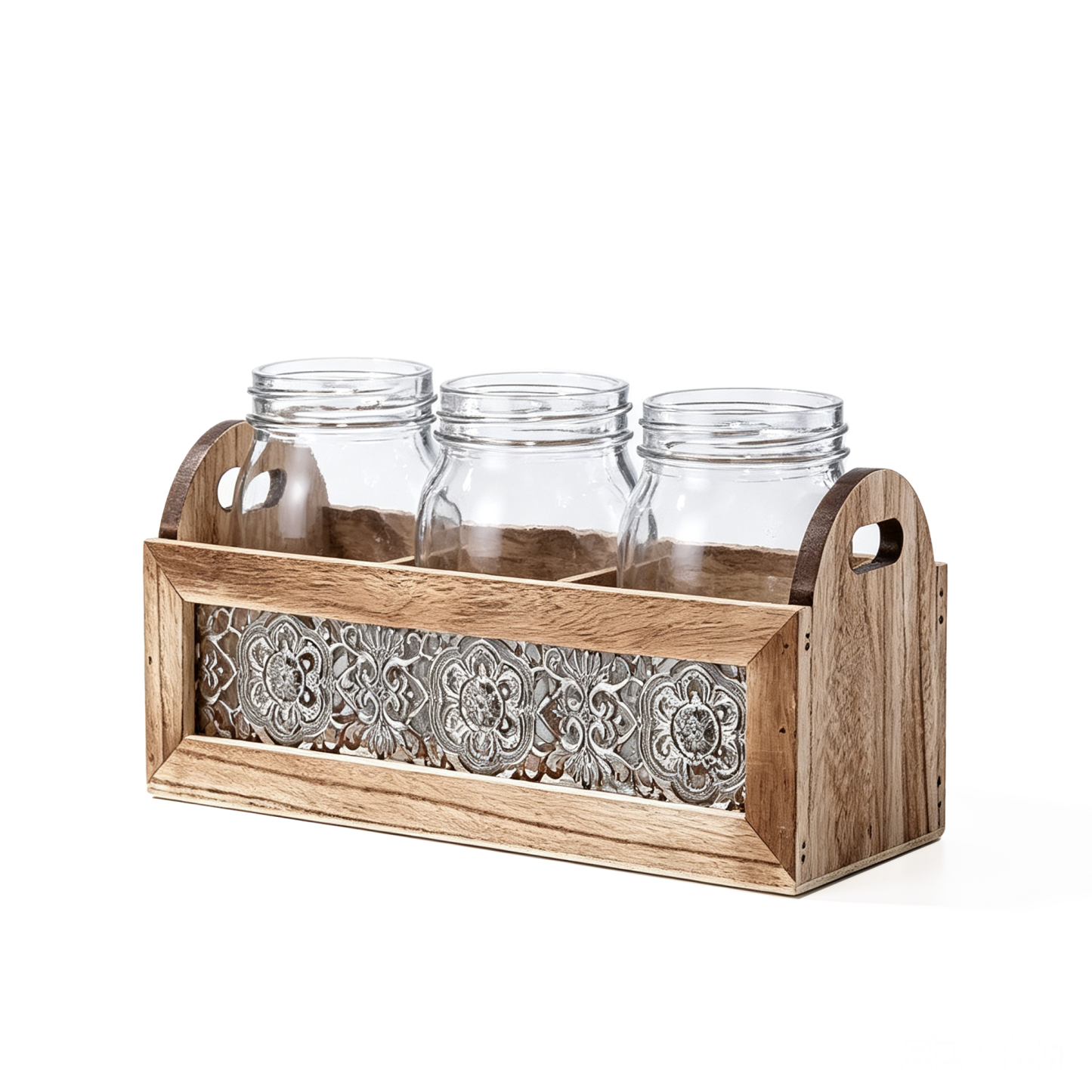 29016	 L9.4W3.5"H5.7" - TRIO OF GLASS JARS WITH WOODEN HOLDER