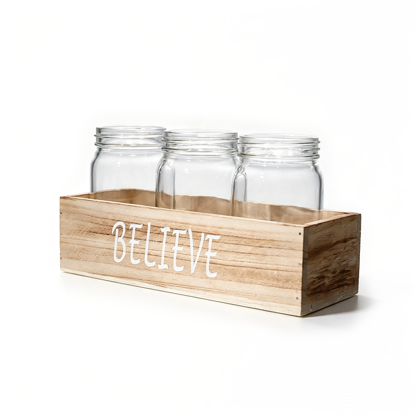 29023	 L10.2"W3.9"H5.5" - TRIO OF GLASS JARS WITH WOODEN HOLDER