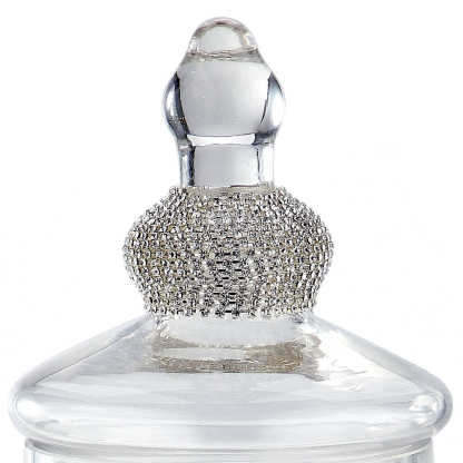 39127	 D6"H15" - CLEAR AND SILVER BEADED GLASS JAR WITH FINIAL LID