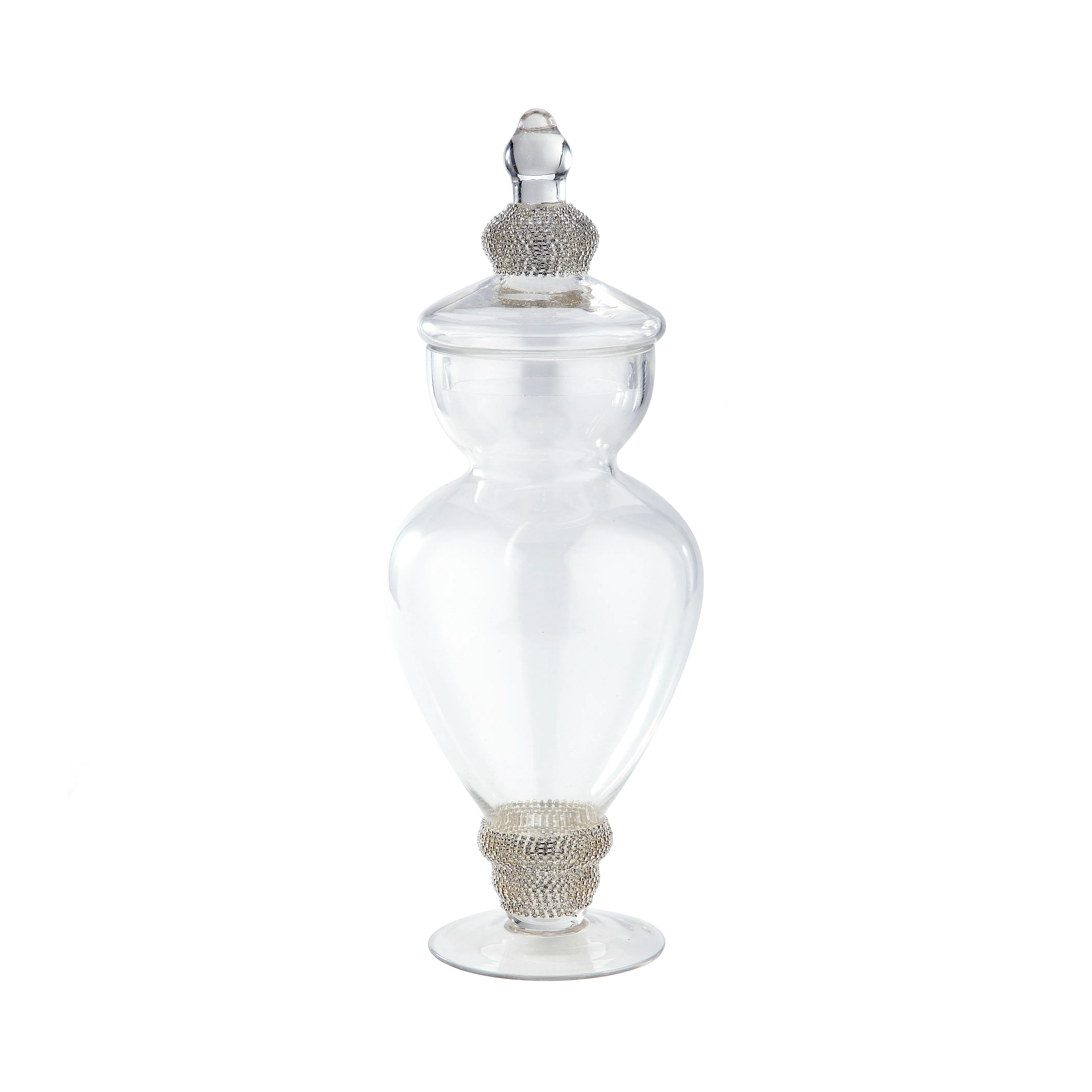 39127	 D6"H15" - CLEAR AND SILVER BEADED GLASS JAR WITH FINIAL LID