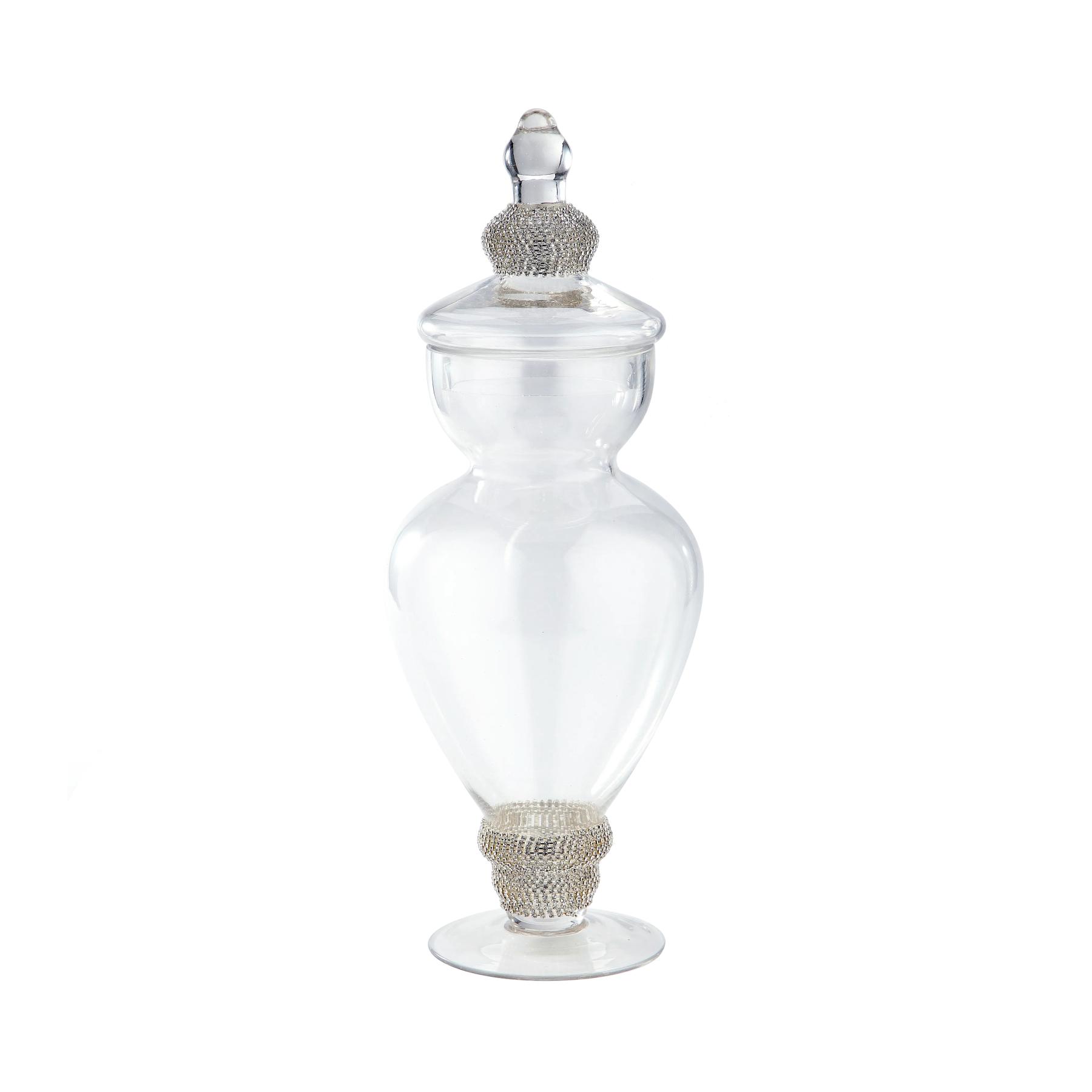 39127	 D6"H15" - CLEAR AND SILVER BEADED GLASS JAR WITH FINIAL LID