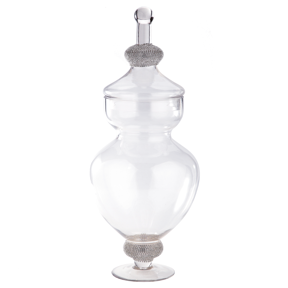 39129	 D9.5"H22" - CLEAR AND SILVER BEADED GLASS JAR WITH FINIAL LI