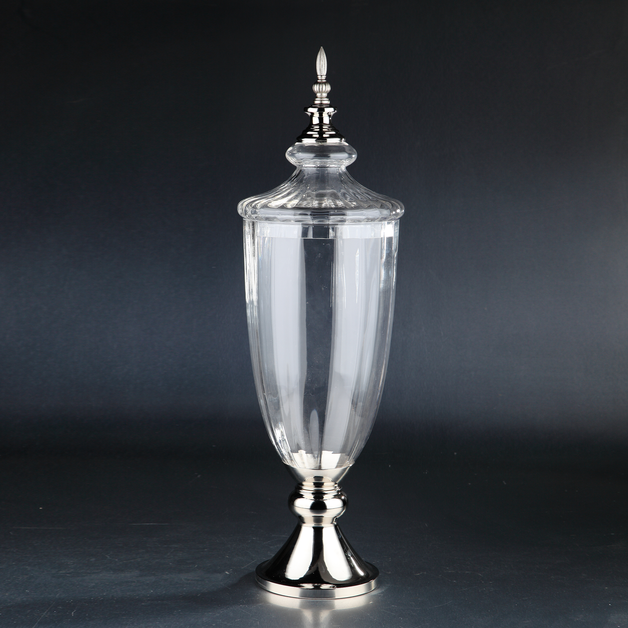 40034	 D9"H28.5" - LARGE GLASS JAR WITH SILVER METAL BASE