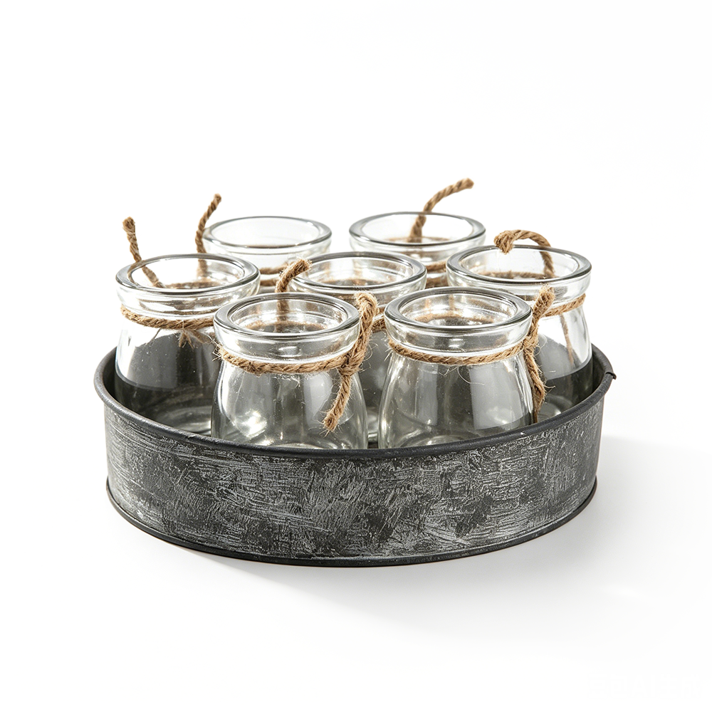 45143	 D7.5"H3" - MINI BOTTLES WITH A ROUND METAL TRAY