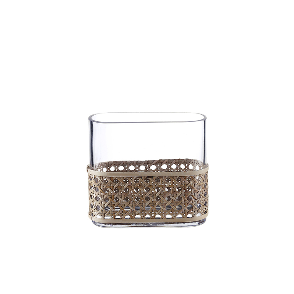 45308	 L6.7"W2.8"H5.9" - GLASS VASE WITH RATTAN WRAP