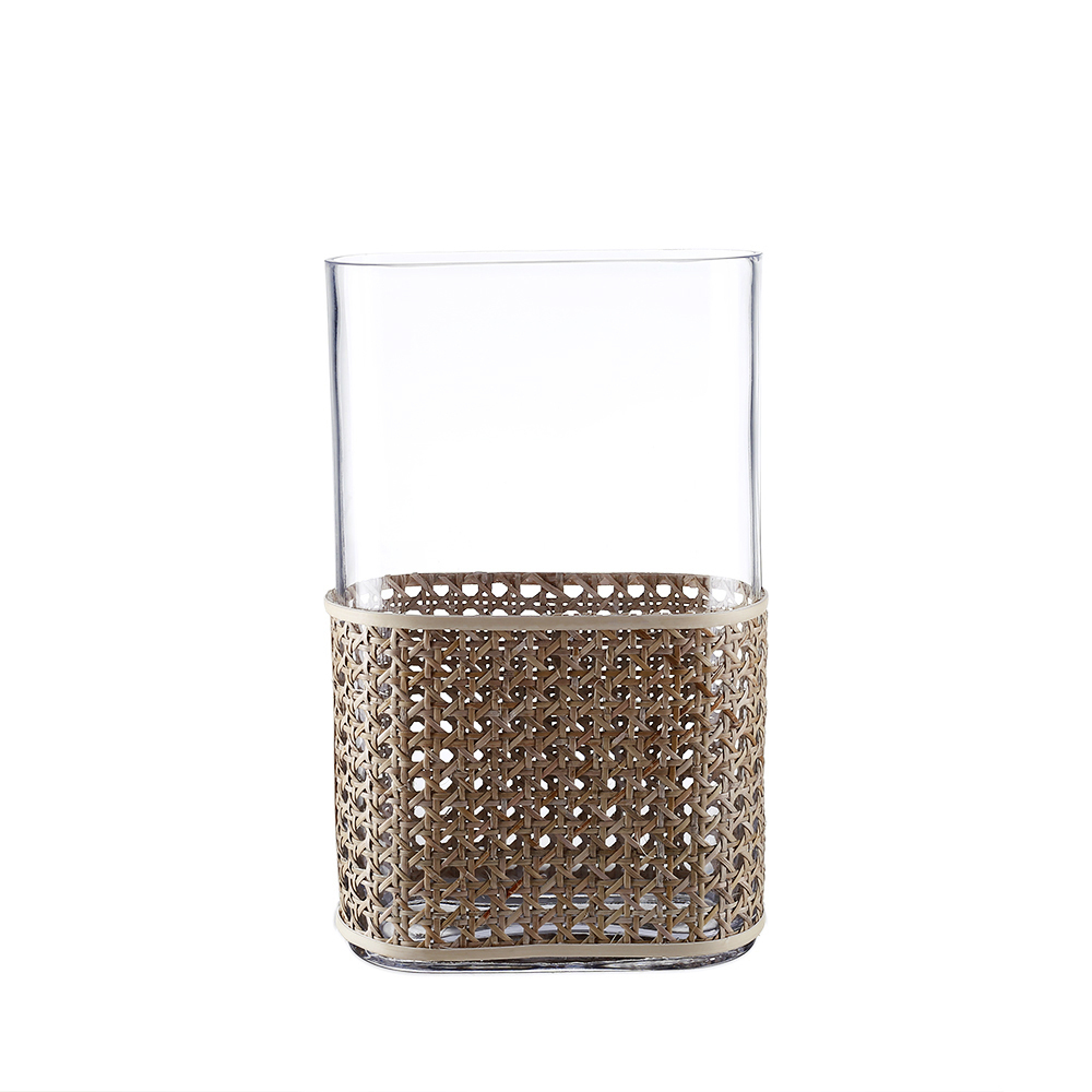 45331	 L7.5W3.5H11.8" - GLASS VASE WITH RATTAN WRAP