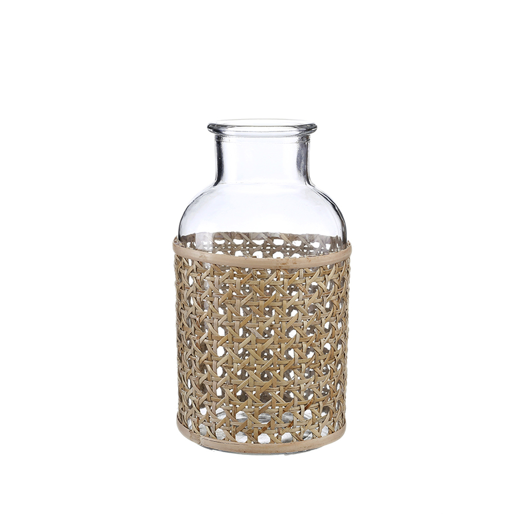 45333	 D4.1"H7.9" - GLASS VASE WITH RATTAN WRAP